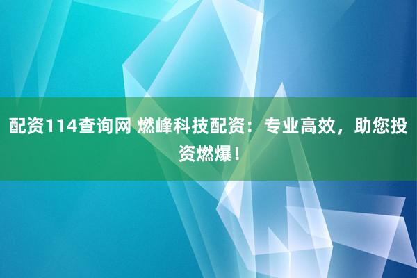 配资114查询网 燃峰科技配资：专业高效，助您投资燃爆！
